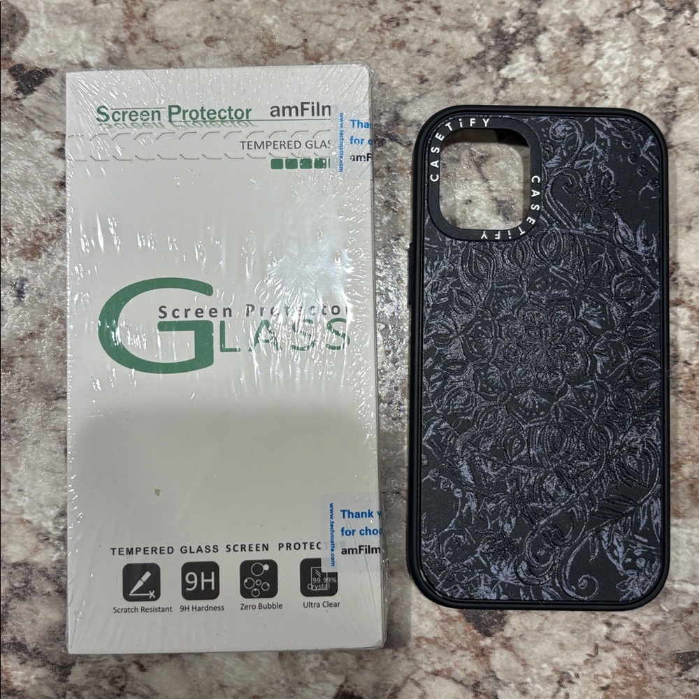 Casetify Black Floral Phone Case iPhone 12 mini & 3 pack of screen protectors